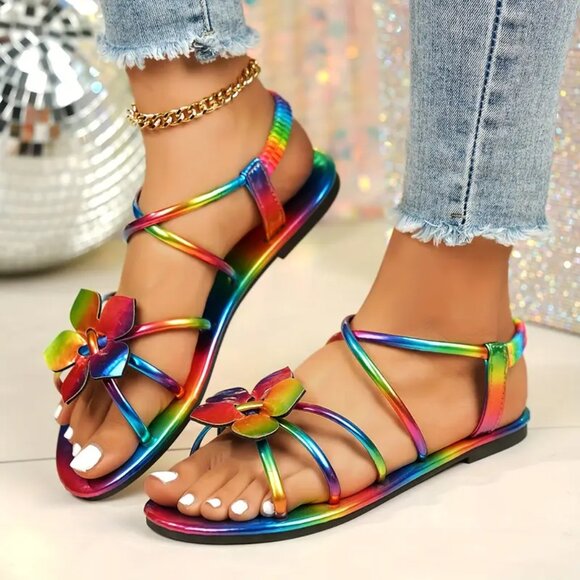 Rainbow Floral Flat Sandals โ Retro Open-Toe Roman Style, Comfy & Colorful - Picture 5 of 7